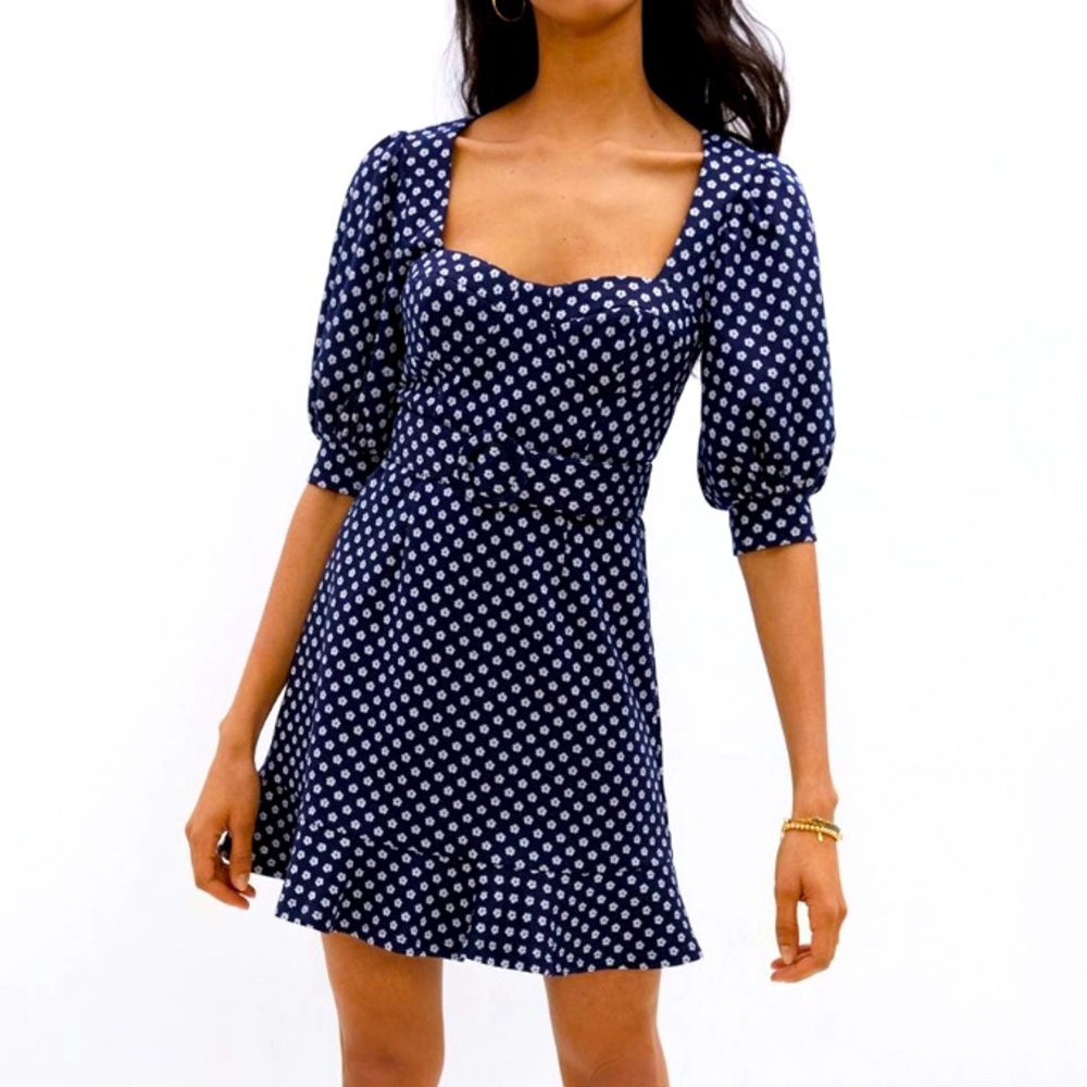 Anthropologie Hutch Floral Polka Dot Janessa Puff Sleeve Mini Dress Navy NWT 0